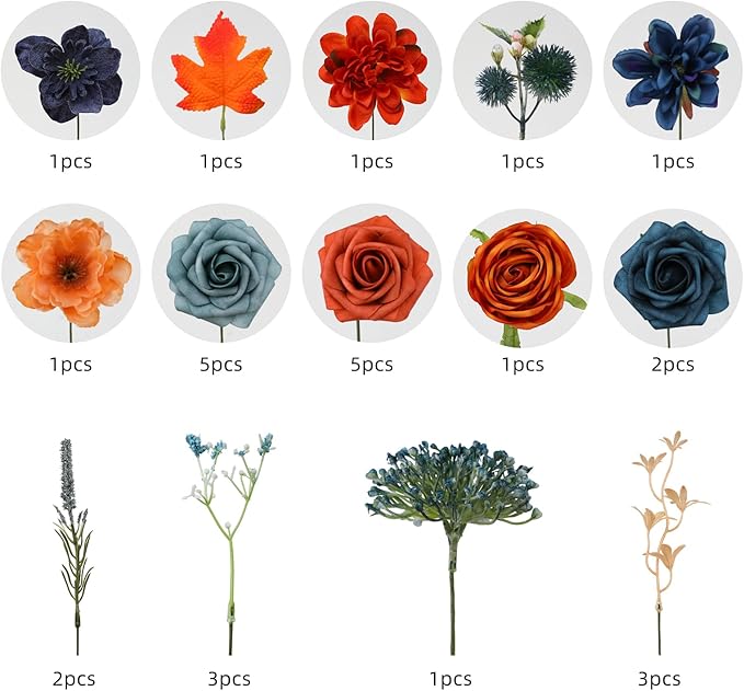 Floweroyal Artificial Flowers Combo Orange Flowers Mix Silk Flowers Dahlia Roses with Stems for DIY Wedding Bridal Bouquets, Baby Shower, Floral Arrangement, Table Centerpieces, Home Decorations.