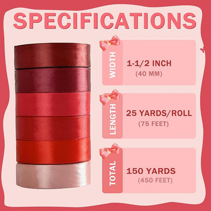 150 Yards Red Satin Ribbon 1-1/2 Inch 6 Rolls Assortment Ribbons for Crafts Gift Wrapping Flower Bouquet Wedding Invitations Birthday Party Festival Decoration Hair Bows