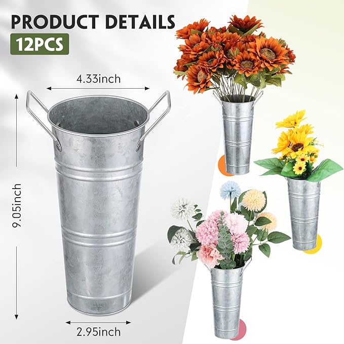 Chumia 12 Pcs Galvanized Flower Bucket 9 Inch Metal Vase Farmhouse Rustic French Flower Bucket with Handles for Home Floral Centerpiece Container Wedding Table Decor(Matte Silver)