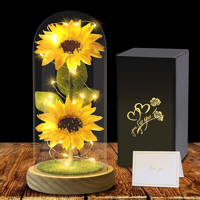 Christmas Sunflower Gifts for Women Mom Grandma, Enchanted LED Sunflower Lamp, Unique Artificial Flowers in Glass Dome, Present for Christmas,Birthday, Anniversary, Wedding,Mother's Day