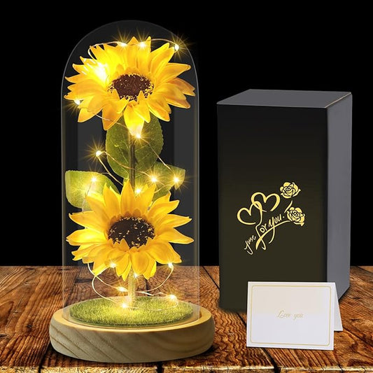 Christmas Sunflower Gifts for Women Mom Grandma, Enchanted LED Sunflower Lamp, Unique Artificial Flowers in Glass Dome, Present for Christmas,Birthday, Anniversary, Wedding,Mother's Day