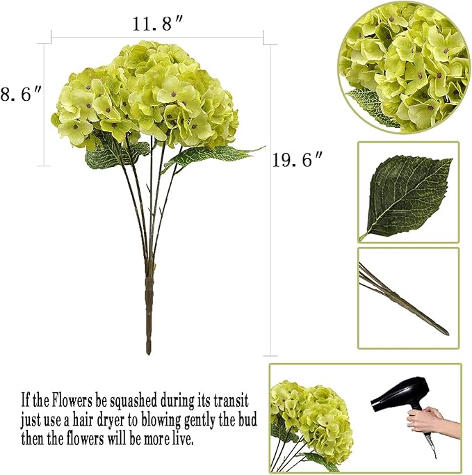 2Bouquets Artificial Fake Flowers Plants Silk Hydrangea Arrangements Wedding Bouquets Decorations Plastic Floral Home Kitchen Garden Party Festival Bar DIY(Chartreuse,5 Flower Heads)