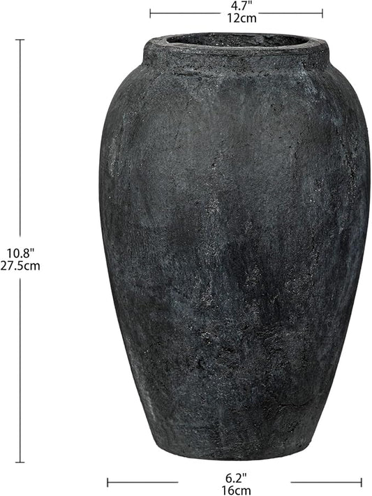 Handcrafted Flower Vase, 10.5" Tall Terracotta Vintage Black Ceramic Vases, Rustic Antique Vase Décor, Wide Mouth, Matte Finish for Home Office Resto Café Décor