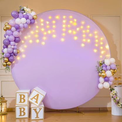 7.2 FT Purple Round Backdrop Cover with Lights String for Circle Arch Stand Circle Backdrop Covers with LED Fairy Lights for Wedding Arch Baby Shower Birthday Party Photo Photography Background