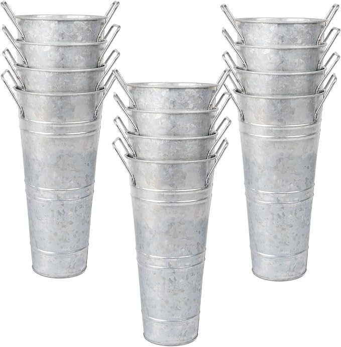 Set of 12 Small 10inch Flower Buckets for Flower Bar,Small Rustic Vase,Galvanized Bucket,Farmhouse Vase,Farmhouse Vases for Flowers (Silver,10'' Height,12pcs)