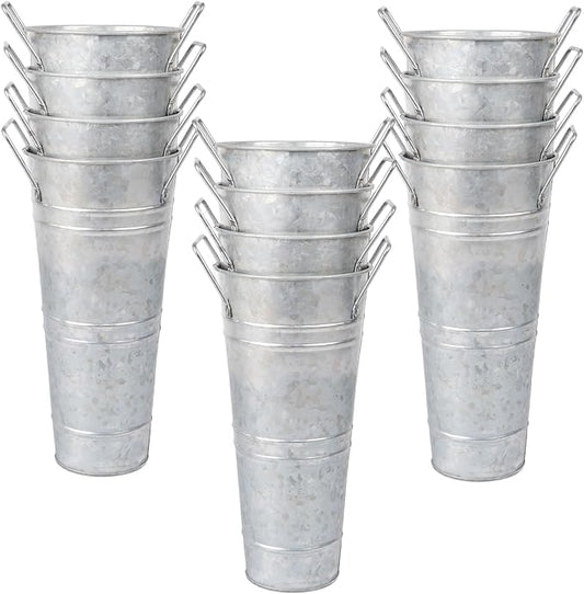 Set of 12 Small 10inch Flower Buckets for Flower Bar,Small Rustic Vase,Galvanized Bucket,Farmhouse Vase,Farmhouse Vases for Flowers (Silver,10'' Height,12pcs)