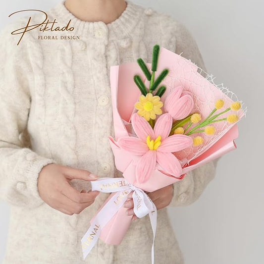 Hand-Woven Flower Bouquet Finished（1pcs） for Women Girlfriend Birthday Gift Wedding Decoration Crochet Artificial Flower, Bouquet Gift (Pink-Y)