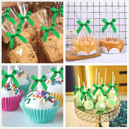100 Pieces 3 inch Satin Ribbon Twist Tie Bows, Pretied Bows with Twist Ties, Twist Bows Treats Bags, Bow Ties for Treats, Cake Pops, Baby Shower, Crafts, Gift Wrapping Favors, Cookies (Green)