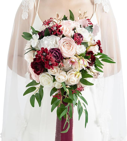 Ling's moment Burgundy Bridal Bouquet for Bride, 13 Inch Romantic Marsala Wedding Bouquets for Bride, Silk Round Artificial Wedding Flowers Bouquets