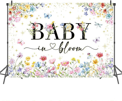 Mocsicka Baby in Bloom Backdrop Banner Wildflower Backdrop Decorations for Baby Shower 7x5ft Girls Floral Golden Dot A Little Wildflower is On The Way Baby Shower Decorations Banner
