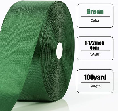 NESCCI 100 Yards Ribbon,1-1/2 Inch Dark Green Satin Ribbon,Single Face Satin Ribbons,Perfect for Gift Wrapping,Wedding Decoration,Handmade Bows,Wrapping Bouquet and More