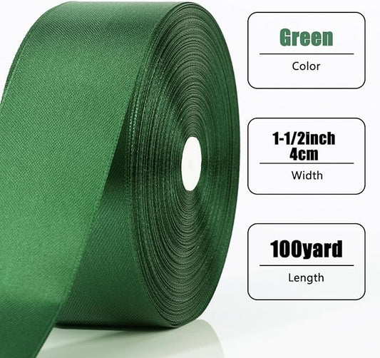 NESCCI 100 Yards Ribbon,1-1/2 Inch Dark Green Satin Ribbon,Single Face Satin Ribbons,Perfect for Gift Wrapping,Wedding Decoration,Handmade Bows,Wrapping Bouquet and More