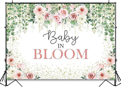 Avezano Baby in Bloom Backdrop Sage Green Leaves with Pink Flowers Baby Shower Party Decorations Baby Girl's Greenery Floral Nature Theme Photography Background Cake Table Banner (8x6ft(96x72in))
