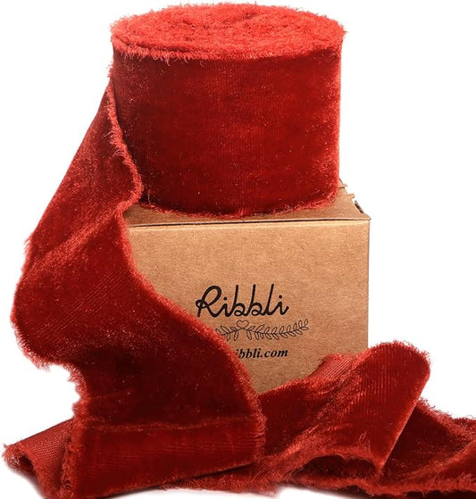 Ribbli Rust Red Velvet Ribbon 2 Inch Handmade Frayed Vintage Christmas Ribbon for Gift Wrapping Christmas Tree Ornament Wreath Craft Home Decor -3 Yards