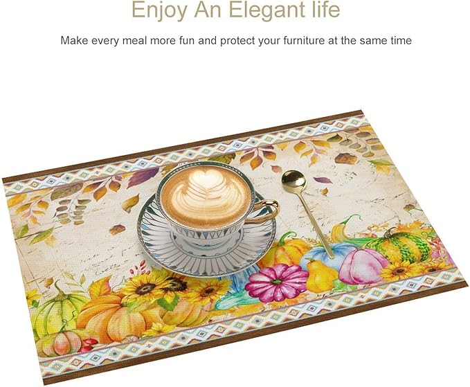Fall Pumpkin Kitchen Placemats Vintage Rustic Farmhouse Aztec Pumpkins Maple Leaves Sunflowers Harvest Thanksgiving Placemats Table Kitchen Dining Party 12x18 Inch Set of 4