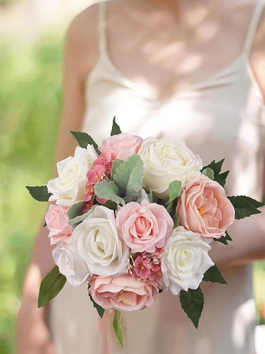 Rinlong Pink White Bridesmaids Bouquet Artificial Wedding Bouquets for Bridesmaid Silk Bouquet for Wedding Prom Homecoming