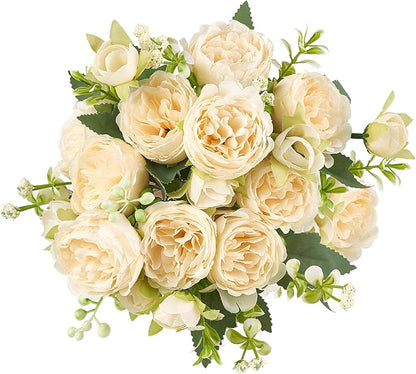 Mkono Peonies Artificial Flowers, Small Silk Flowers for Home Decor Indoor Fake Bouquet Faux Floral Arrangements Dining Table Centerpieces for Kitchen Bridal Wedding Party Decor Champagne