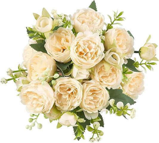 Mkono Peonies Artificial Flowers, Small Silk Flowers for Home Decor Indoor Fake Bouquet Faux Floral Arrangements Dining Table Centerpieces for Kitchen Bridal Wedding Party Decor Champagne
