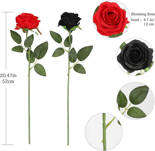 Tifuly Roses Artificial Flowers - 12 pcs Realistic Long Stem Fake Roses Mashup Style Silk Roses for DIY Bouquets Wedding Centerpieces Arrangements Home Party Decor(Black & Red)
