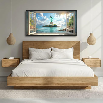 Statue of Liberty Large Wall Art Window Pictures Wall Decor Landmark Canvas Landscape Print Painting Modern Artwork Home Decoration for Living Room Bathroom Bedroom Office Framed 60"x30"