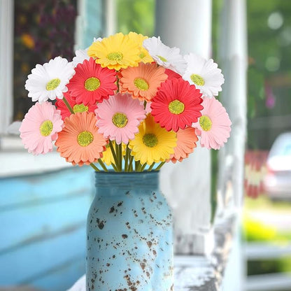 10 Pcs Artificial Gebera Daisies Flowers Fake Daisies Real Touch Flower PU Faux Flowers Bouquet for Indoor Home Arrangements Vase Wedding Party Table Centerpiece DIY Floral Decor Multicolor