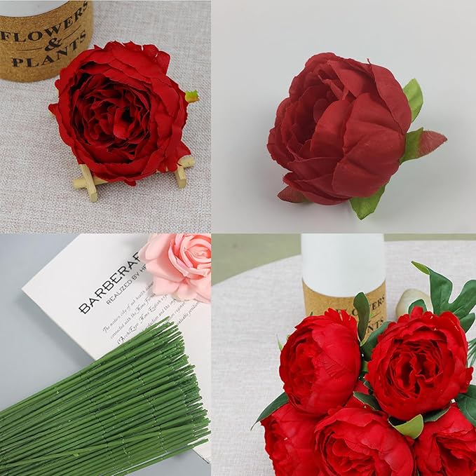 FagusHome 25 Pcs Silk Peony Artificial Flower Heads 4 inch Fake Peony Flowers Heads with Stems Artificial Peony Flower Heads in Bulk Wholesale for Wedding Home Decor (Red)