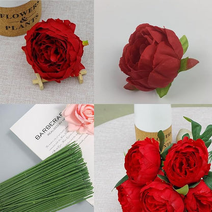 FagusHome 25 Pcs Silk Peony Artificial Flower Heads 4 inch Fake Peony Flowers Heads with Stems Artificial Peony Flower Heads in Bulk Wholesale for Wedding Home Decor (Red)