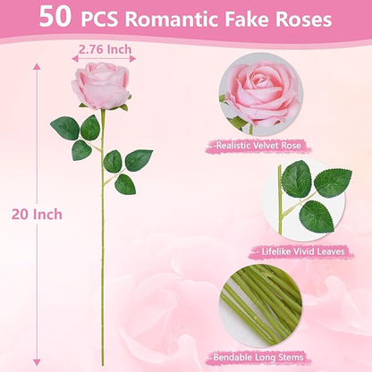 BLEUM CADE 50 Pcs Pink Roses Artificial Flowers, Real Touch Velvet Roses Fake Flowers Bulk, Artificial Roses Bouquet with Long Stems Bridal DIY Wedding Party Centerpiece Decorations