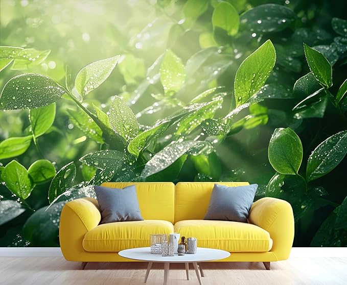 Dewdrops Green Leaf Wall Mural, Botanical Forest Sunlight 3D Wall Murals, Refreshing Nature Wallpaper Mural, for Living Room Bedroom Large Wallpaper Indoor Decor 98.4" W x68.9 H