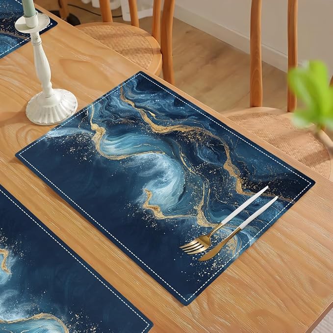 Abstract Blue Wave Placemats Set of 6, Sea Navy Double-Sided Table Mats for Kitchen Home Party Indoor Decor 6 PCS 12x18 Inch