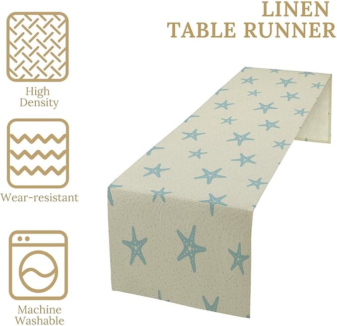 Sea Turtle Table Runner Marine Life Starfish Nautical Blue Green Ocean Theme Kitchen Table Decorations for Indoor Outdoor Home Party Decorations 13x36 Inch