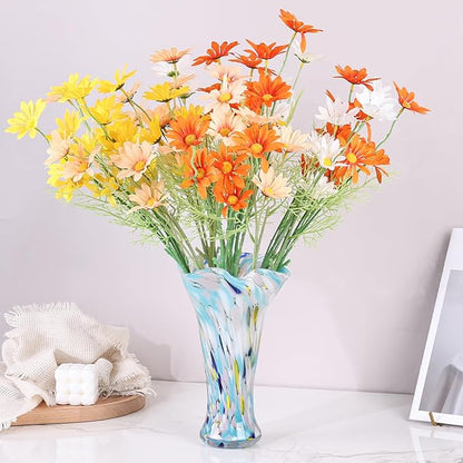 9.0" H Blue Glass Vases for Flowers, Unique Hand Blown Glass Vase Blue Home Decor, Wide Mouth Colorful Flower Vase Centerpieces, for Living Room Table Bookshelf, Bathroom Office Shelf Decorative