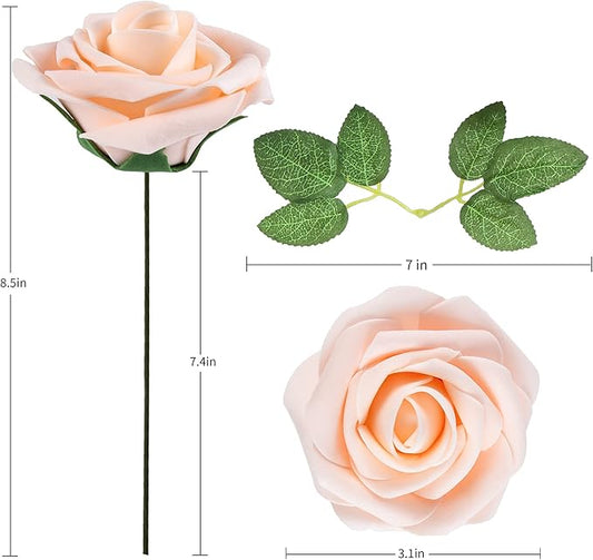 Artificial Flower Foam Rose 25pcs Real Looking Fake Rose with Stems Leaves for Home Decoration Party Garden Centerpieces DIY Wedding Bouquets（Blush）