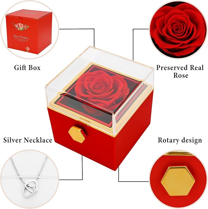 ‌TINGKU Eternal Real Rose Gift Box for Women, Preserved Rose with Customized Name Engraved Heart Necklace, Personalized Romantic Gift for Wife, Girlfriend, Mom, Mother's Day Love Keepsake