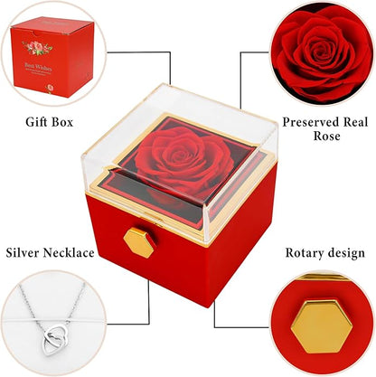 ‌TINGKU Eternal Real Rose Gift Box for Women, Preserved Rose with Customized Name Engraved Heart Necklace, Personalized Romantic Gift for Wife, Girlfriend, Mom, Mother's Day Love Keepsake