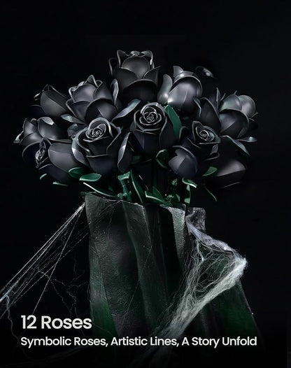 iATOM Black Rose Bouquet Building Set, Gothic Artificial Flowers Botanical Collection Kit for Adults for Home Office Table Centerpiece Retro Decor - IA11001