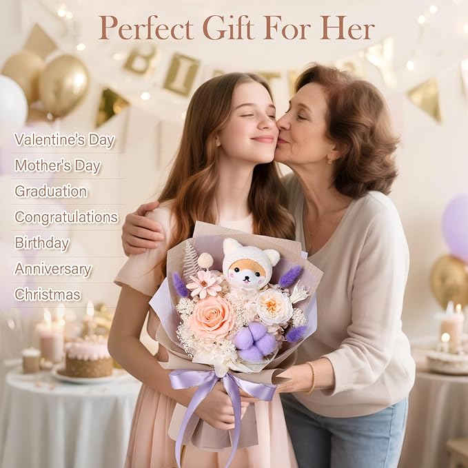 Forever Flowers Bouquet with Cute Doll - Preserved Flowers for Delivery, Real Eternal Roses Bouquet for Mothers, Mom, Girlfriend, Wife Anniversary Birthday Gifts for Women Men
