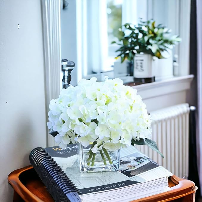 ENOVA HOME Artificial Hydrangea Silk Flowers Arrangements in Cube Glass Vase for Home Wedding