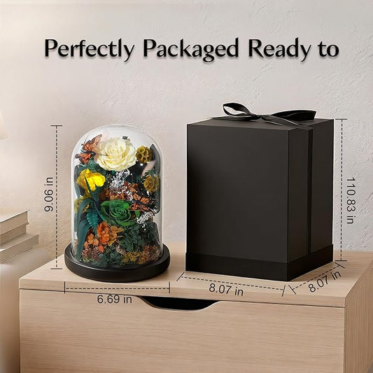 Preserved Rose with Butterfly, LED Forever Flowers in Glass Dome, Eternal Flowe for Women, Birthday Gifts for Mom Friend, Includes Greeting Card & Luxury Gift Box (Green)
