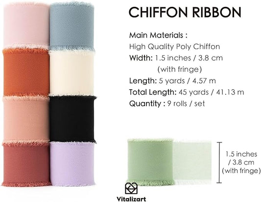 Vitalizart 1.5" x 45 Yd Chiffon Silk Ribbon Mixed Color Ribbons Set 5 Yd x 9 Rolls Fringe Fabric for Wedding Bridal Bouquets Party Decorations Gift Wrapping Bows Making