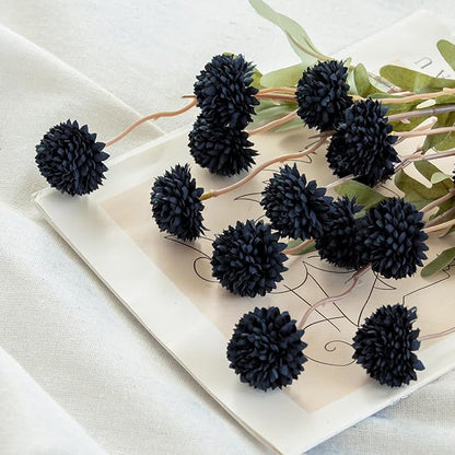Laelfe Black Kiku Artificial Flower - 5 Pcs Fake Pompon Mums Silk Small Chrysanthemum Faux Ball Fall Flower Stem Decor for Halloween Wedding Filler DIY Bouquet Centerpieces Arrangements Shower(Black)