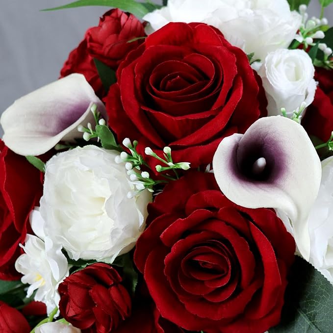 Wedding Bouquet for Bride, White and Wine Red Water Drop Bridal Bouquet Artificial Flowers Roses Cascading Wedding Bouquet for Ceremony Anniversary Party Bridal Shower Wedding Decoration