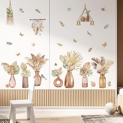 decalmile Boho Palm Leaves Wall Decals Flower Vase Tropical Plants Butterflies Wall Stickers Bedroom Living Room Sofa TV Background Wall Décor