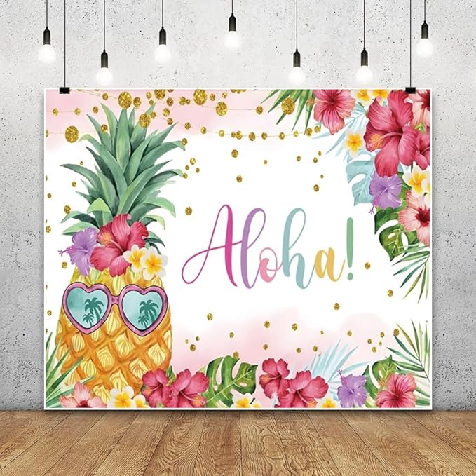 Summer Aloha Luau Party Backdrop 10x8ft, Hawaiian Palm Leaves Floral Pineapple Banner Happy Birthday Photo Photography Supplies