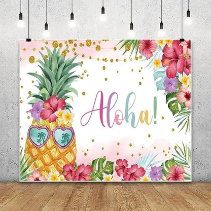 Summer Aloha Luau Party Backdrop 10x8ft, Hawaiian Palm Leaves Floral Pineapple Banner Happy Birthday Photo Photography Supplies