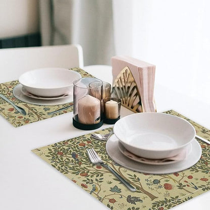 Vintage Trees Placemats Set of 4, William Morris Retro Boho Botanical Plant Birds Place Mats, Heat Resistant Non Slip Cotton Linen Dining Table Mats for Home Kitchen Party 18x12 Inch
