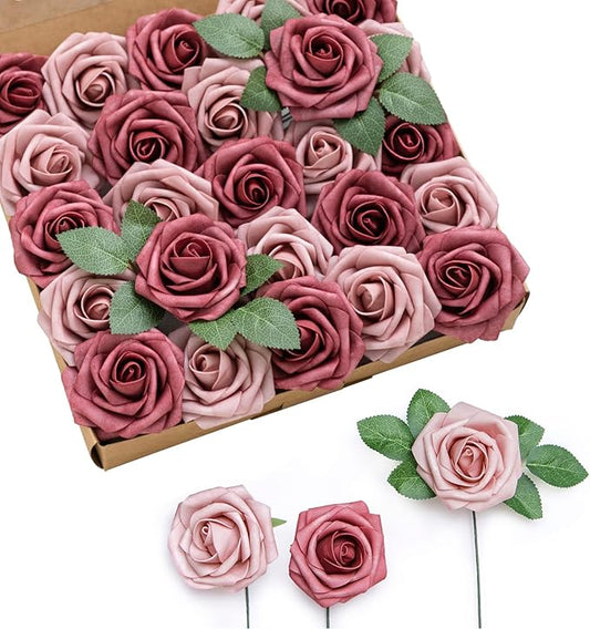 Ling's moment Artificial Flowers 25Pcs Torrid Blush Roses Decor w/Stems,3" Real Touch DIY Foam Floral for Wedding Bouquet/Centerpieces, Outdoors Party Backdrop, Room/Table, and Garden/Pot Decorations