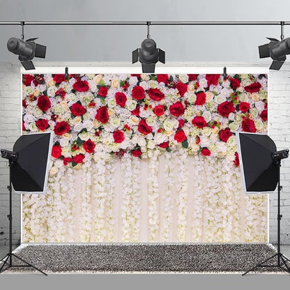 15x8ft Flower Wall Wedding Backdrop White Red Roses Romantic Spring Blooming Floral Photo Background for Valentine's Day Bridal Shower Mothers Day Birthday Newborn Decorations Photo Props