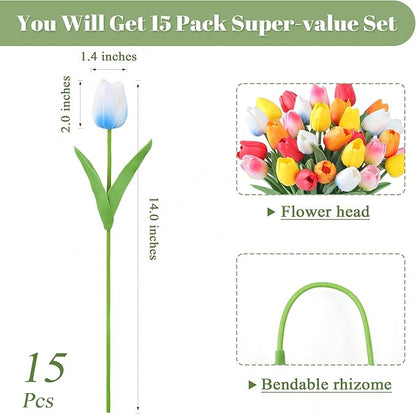 SITUMEIZI Fake Flowers Tulips Artificial Silk Flower 15pcs Real Touch 14" for Spring Easter Home Kitchen Wedding Bouquet Bulk Mother's Gift Day Decorations(Multicolor,5-4)