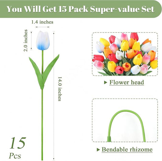 SITUMEIZI Fake Flowers Tulips Artificial Silk Flower 15pcs Real Touch 14" for Spring Easter Home Kitchen Wedding Bouquet Bulk Mother's Gift Day Decorations(Multicolor,5-4)